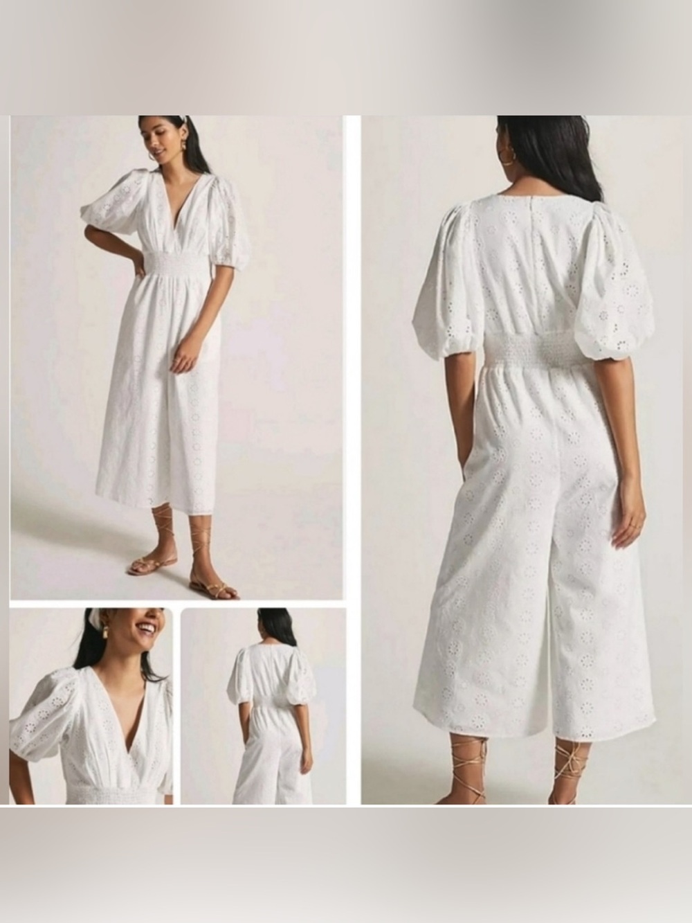 Anthropologie Hutch Smocked-Waist Eyelet White Jumpsuit 100% Cotton Size XS